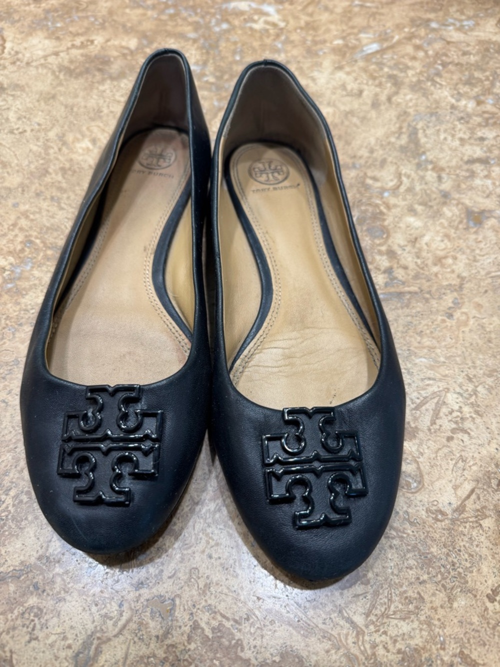 Tory Burch Black Leather Logo Ballet Flats